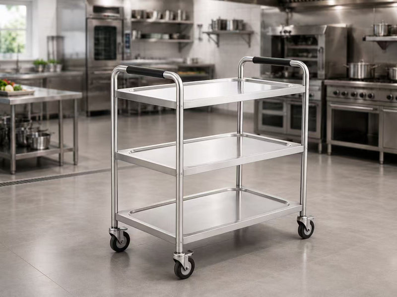 Commercial stainless steel 3-tier utility trolley on wheels for restaurant, hotel and catering equipment supply