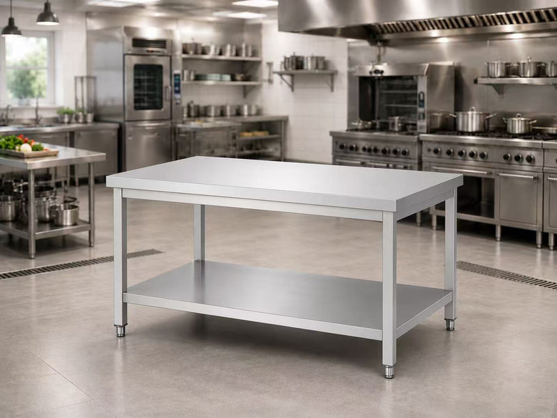 SENFON commercial stainless steel worktables and cabinets including 2-tier worktables, 3-tier worktables, sliding door cabinets, wall cabinets and wooden top worktables