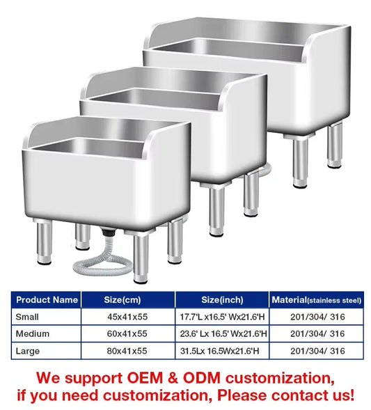 Stainless steel commercial sinks in small, medium, and large sizes for industrial kitchens