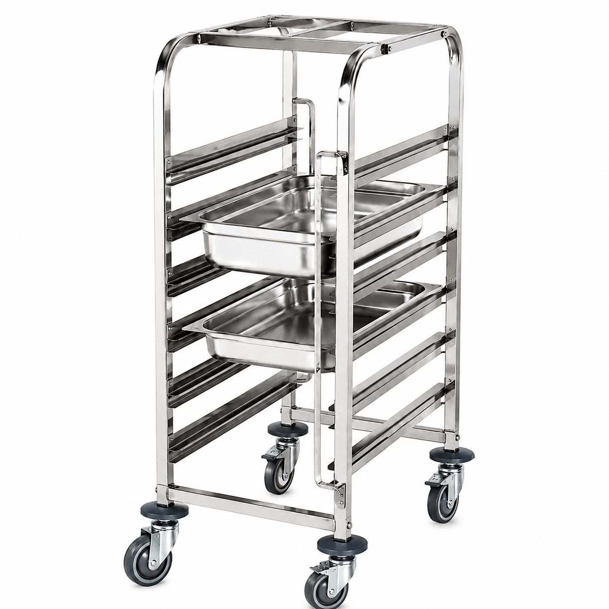 Stainless steel food pan rack trolley with multiple tray rails for hotel kitchens and catering facilities
