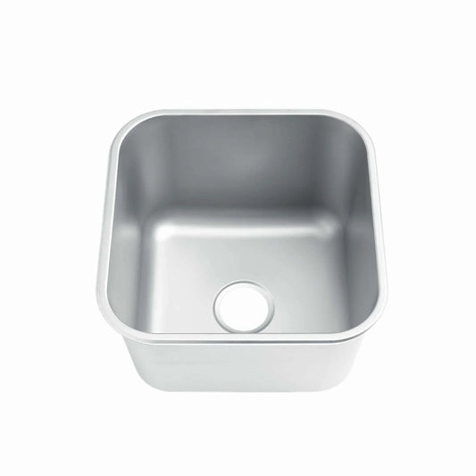 Stainless steel commercial sink with rounded corners and drain, ideal for industrial kitchens