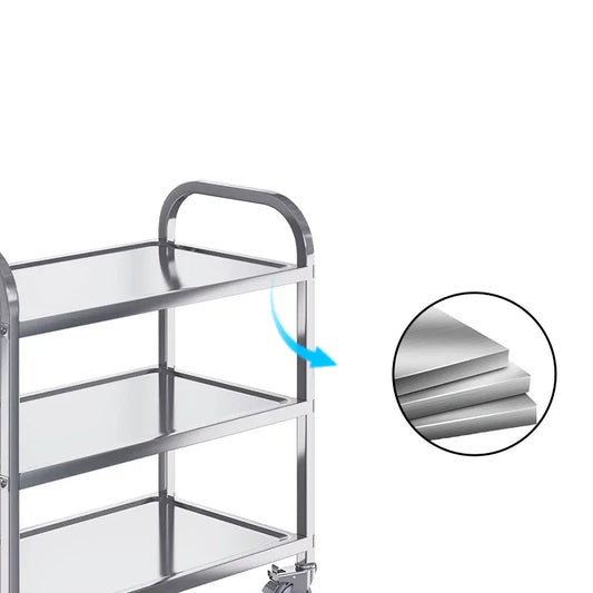 Stainless steel commercial kitchen cart with three shelves and durable metal construction