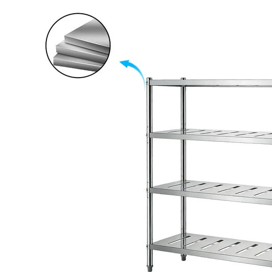 Stainless steel commercial shelving unit with slatted shelves for industrial kitchen use