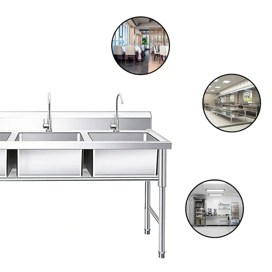 Stainless steel commercial kitchen sink with dual basins and faucets, ideal for restaurant and industrial use.