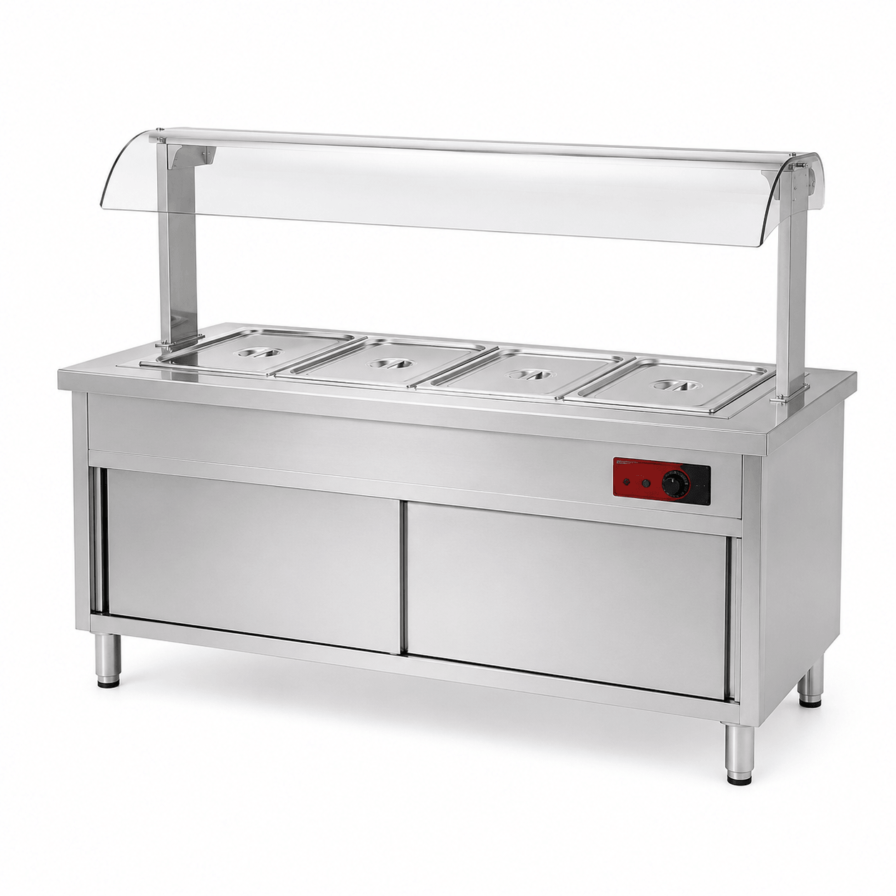 Commercial hot food display bain-marie with raised glass guard and custom pan layout