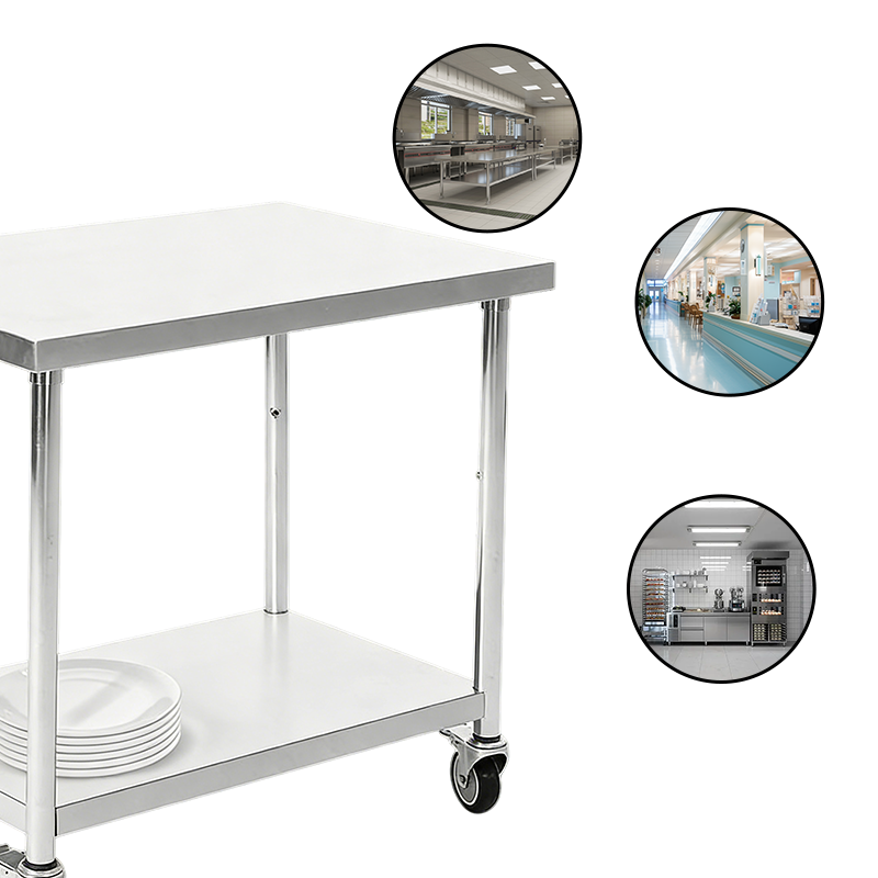 Mobile Stainless Steel 2-Tier Worktable | Customizable Casters (Brake/Silent/Heavy-Duty) | Full Knock-Down Design