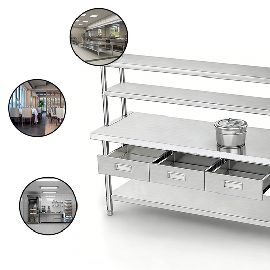 Custom Stainless Steel Worktable Station | 3 Drawers & Multi-Tier Over-shelf | Full Knock-Down Design