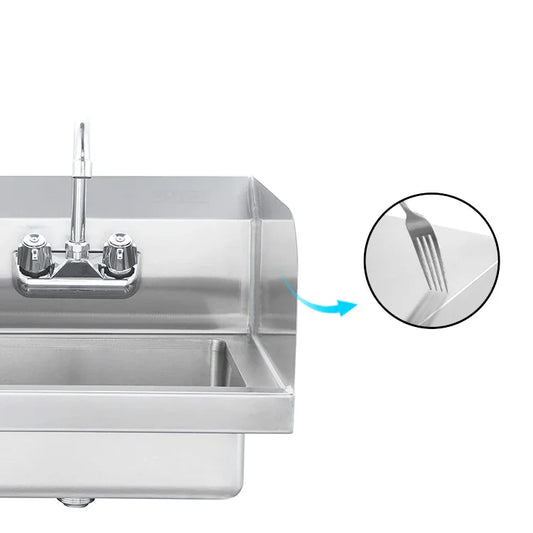 Stainless steel commercial sink with faucet and drainboard, ideal for industrial kitchens