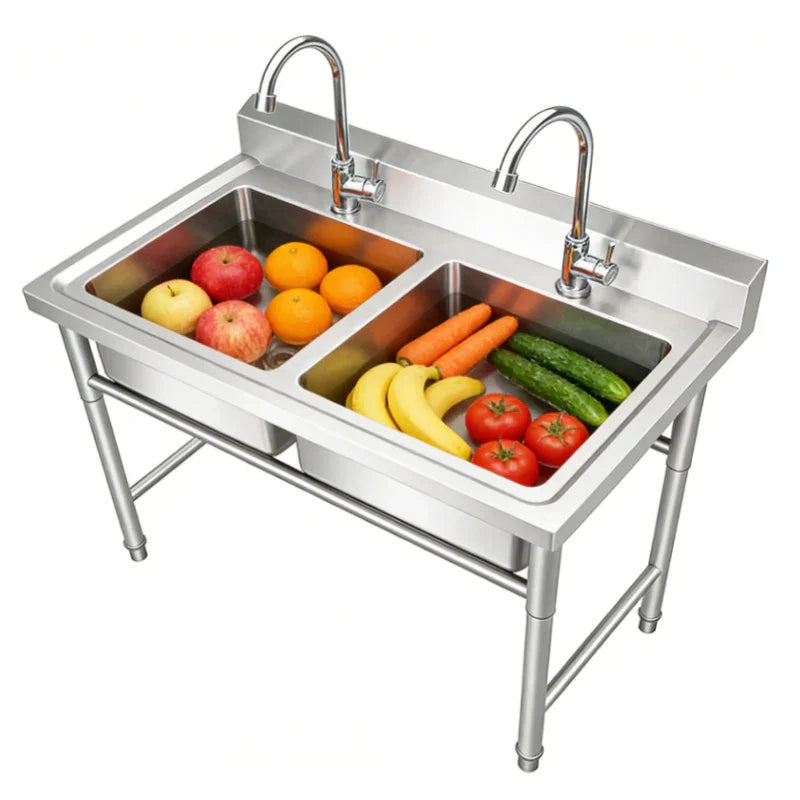 Stainless steel commercial sink with fruits and veggies, ideal for industrial kitchens