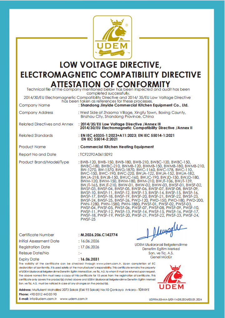 SENFON CE compliance document for selected electrical commercial kitchen equipment models