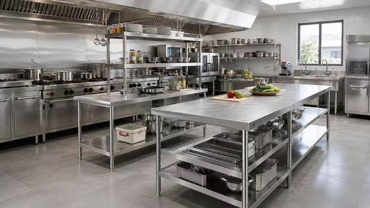 Commercial stainless steel worktables aligned with sink cabinets and project kitchen equipment