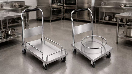 Heavy-duty stainless steel platform cart with side rails and stock pot trolley for commercial kitchen transport