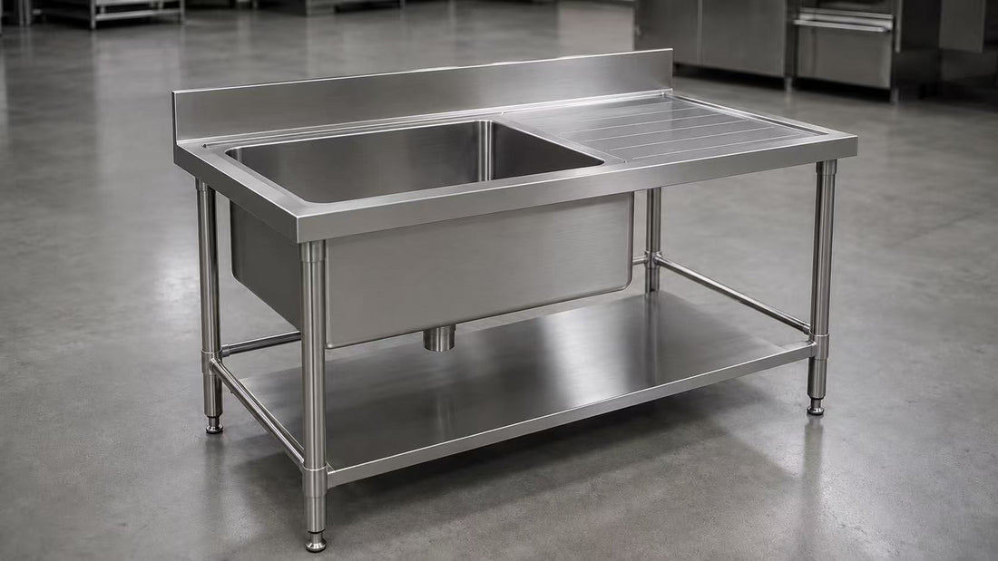 Custom commercial stainless steel pot sink with deep bowl, backsplash, undershelf and adjustable legs