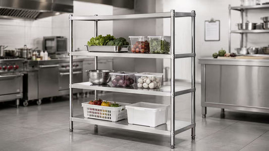 Commercial stainless steel shelving in a professional kitchen storage area by SENFON