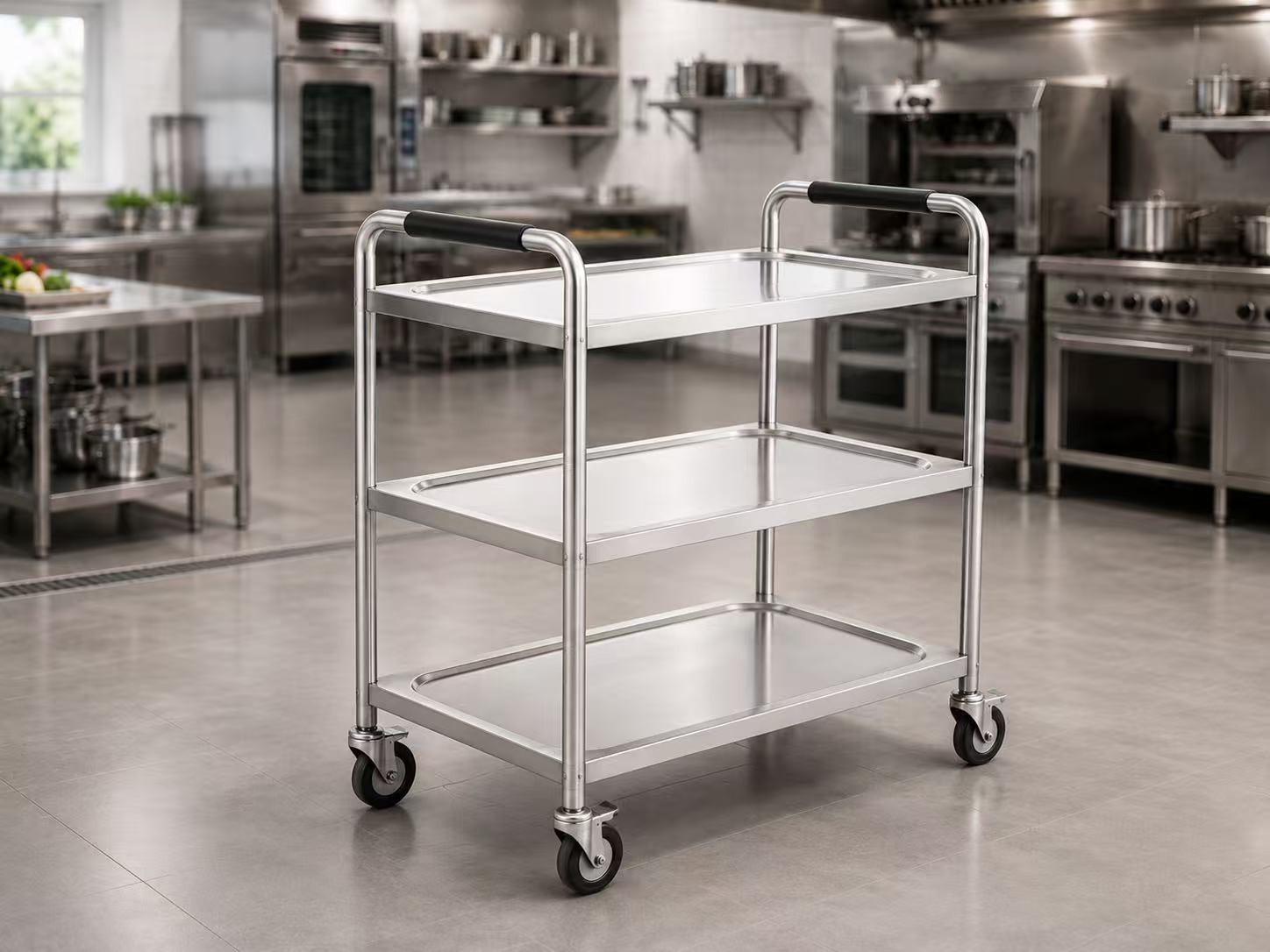 Commercial stainless steel 3-tier utility trolley on wheels for restaurant, hotel and catering equipment supply