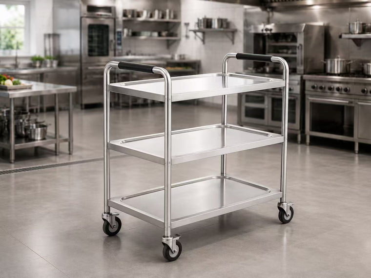 Commercial stainless steel 3-tier utility trolley on wheels for restaurant, hotel and catering equipment supply