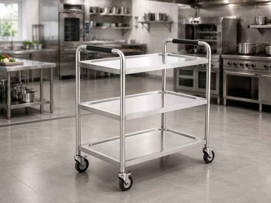 Commercial stainless steel 3-tier utility trolley on wheels for restaurant, hotel and catering equipment supply
