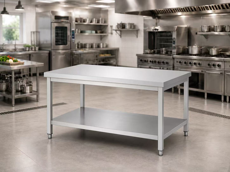 SENFON commercial stainless steel worktables and cabinets including 2-tier worktables, 3-tier worktables, sliding door cabinets, wall cabinets and wooden top worktables