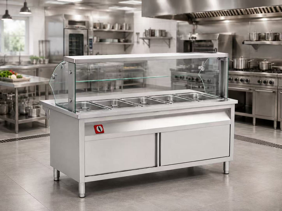Commercial stainless steel Bain Marie food warmer with glass display for B2B buffet and catering equipment supply