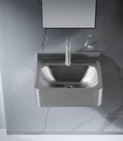 Stainless steel hand basin with rounded front and sensor faucet
