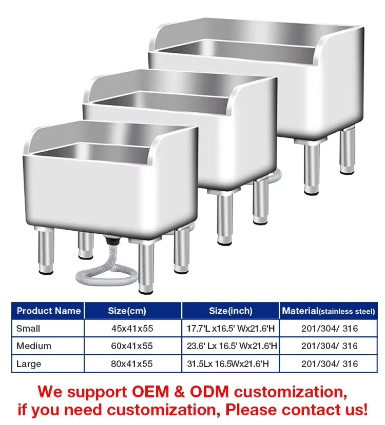 Stainless steel commercial sinks in small, medium, and large sizes for industrial kitchens