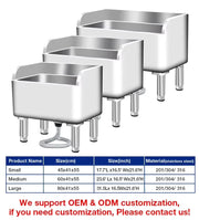 Stainless steel commercial sinks in small, medium, and large sizes for industrial kitchens