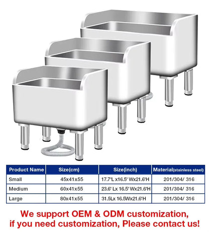 Stainless steel commercial sinks in small, medium, and large sizes for industrial kitchens