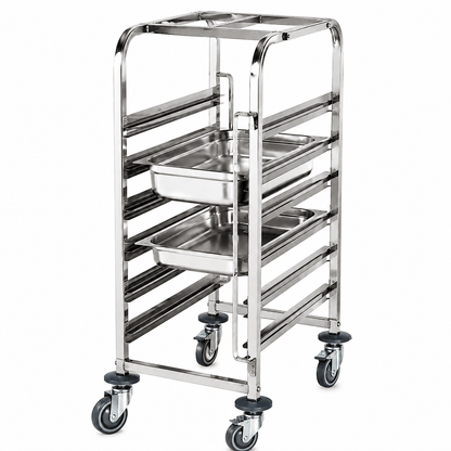 Stainless steel food pan rack trolley with multiple tray rails for hotel kitchens and catering facilities