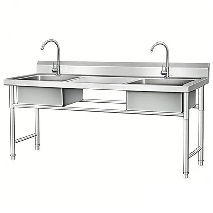 Stainless steel commercial sink with dual basins and faucets for industrial kitchens