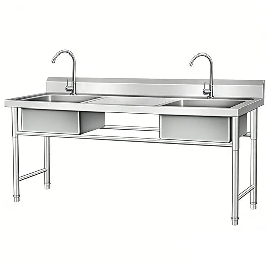 Stainless steel commercial sink with dual basins and faucets for industrial kitchens
