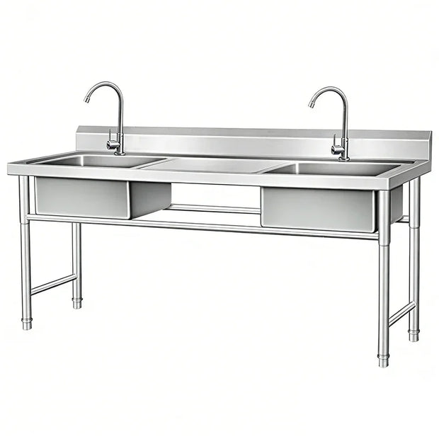 Stainless steel commercial sink with dual basins and faucets for industrial kitchens