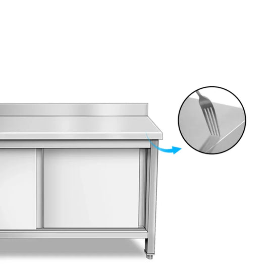 Stainless steel commercial kitchen worktable with smooth, durable surface and reinforced edge detail