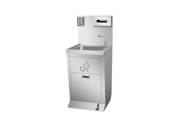Commercial stainless steel foot-operated hand wash sink cabinet with trash bin, soap dispenser box and paper towel holder