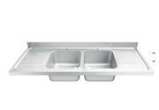 Stainless steel commercial sink with dual basins and drainboards for industrial kitchens
