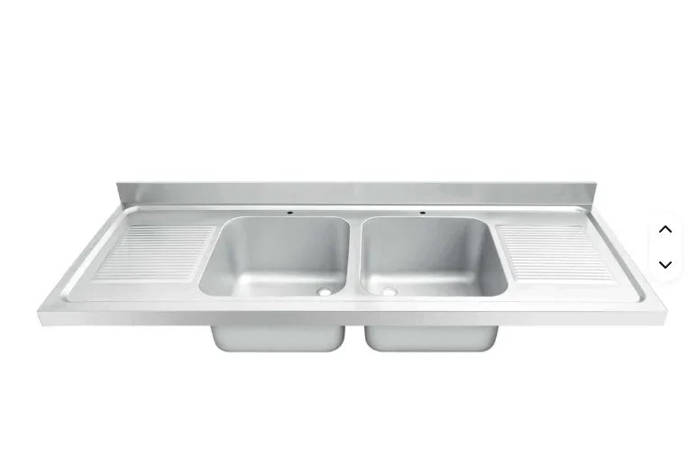 Stainless steel commercial sink with dual basins and drainboards for industrial kitchens