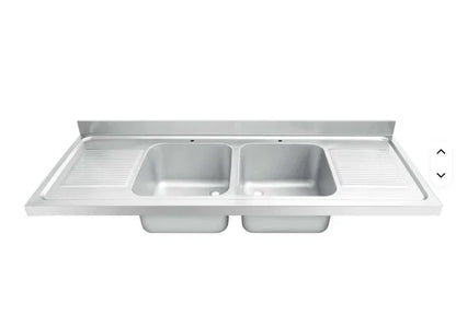 Stainless steel commercial sink with dual basins and drainboards for industrial kitchens