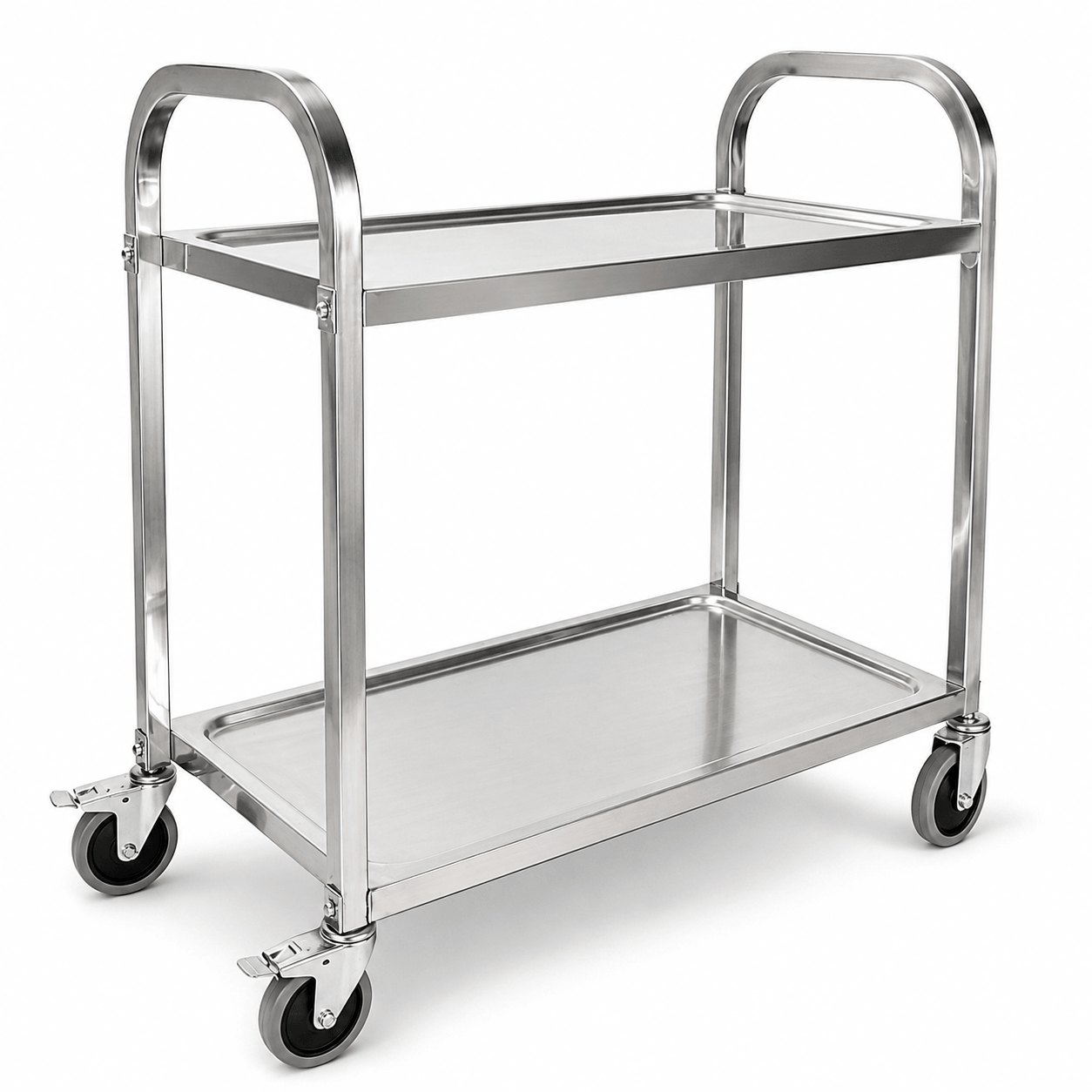 KD stainless steel 2-tier utility cart with formed shelves and swivel castors for restaurant and hotel service