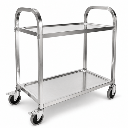 KD stainless steel 2-tier utility cart with formed shelves and swivel castors for restaurant and hotel service