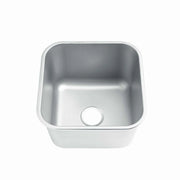 Stainless steel commercial sink with rounded corners and drain, ideal for industrial kitchens