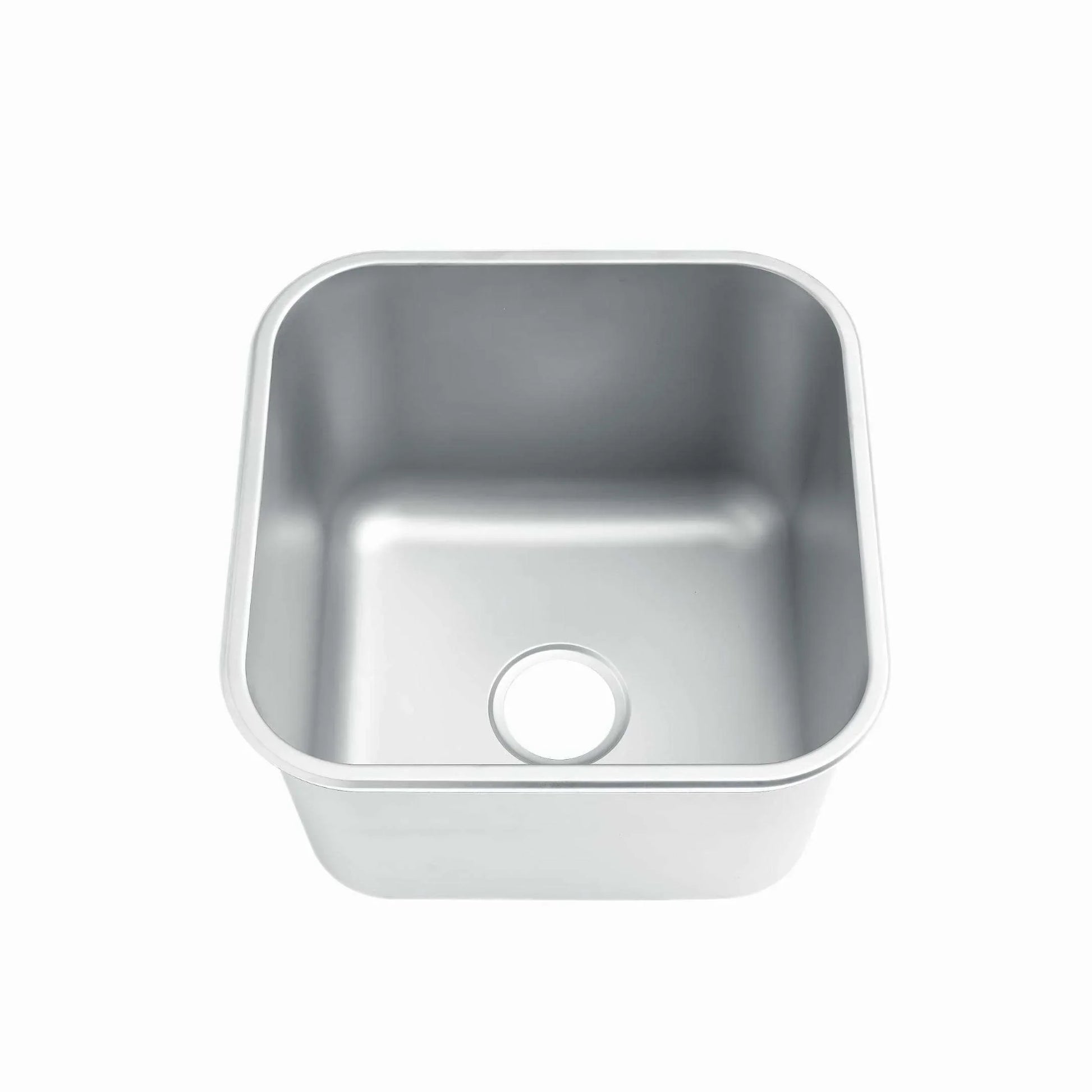 Stainless steel commercial sink with rounded corners and drain, ideal for industrial kitchens