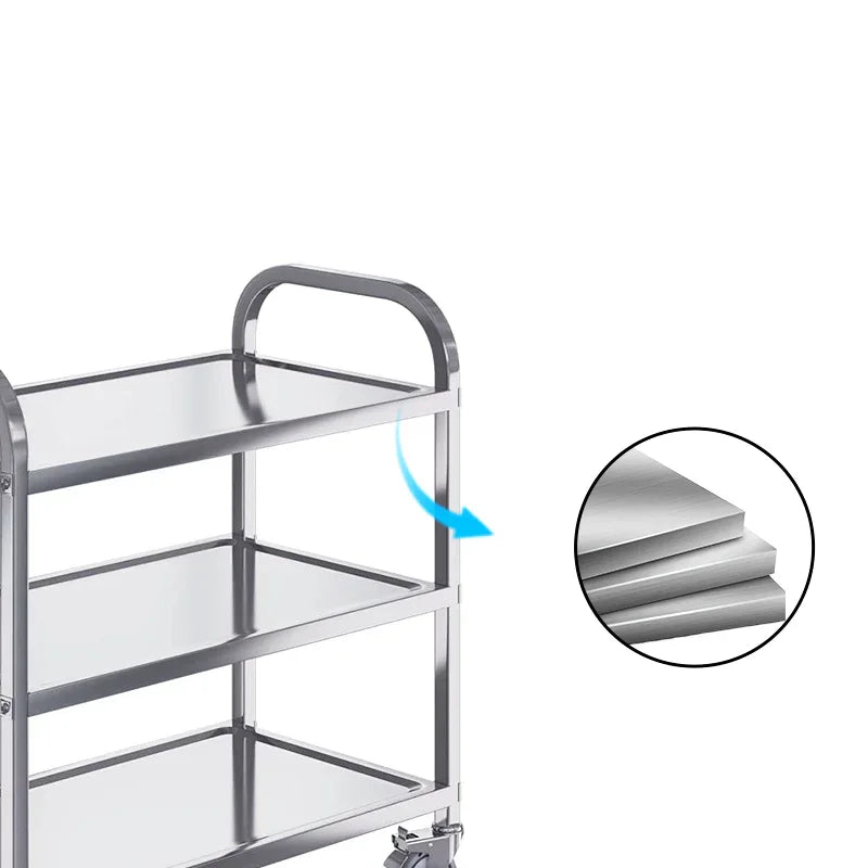 Stainless steel commercial kitchen cart with three shelves and durable metal construction