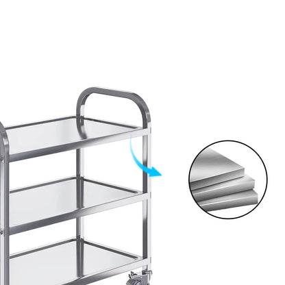 Stainless steel commercial kitchen cart with three shelves and durable metal construction