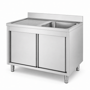 Custom stainless steel sink cabinet with single bowl and drainboard