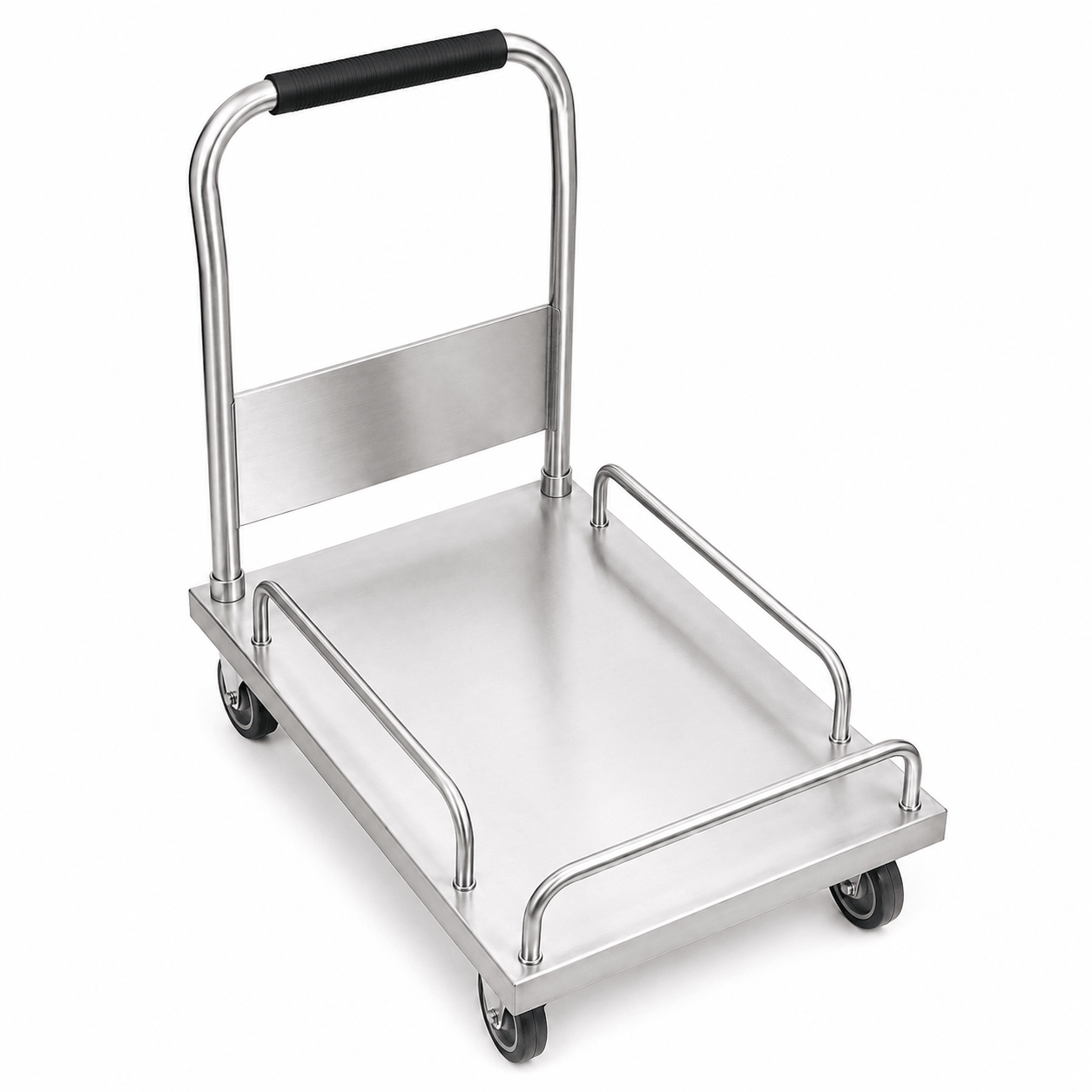 Stainless steel platform cart with side rails for boxes, tableware and kitchen material transport