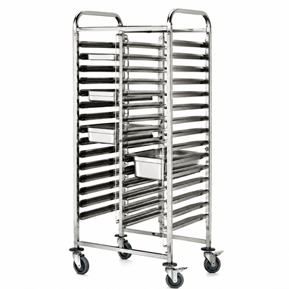 Commercial stainless steel sheet pan rack trolley with square tube frame and custom tray spacing for bakery kitchens