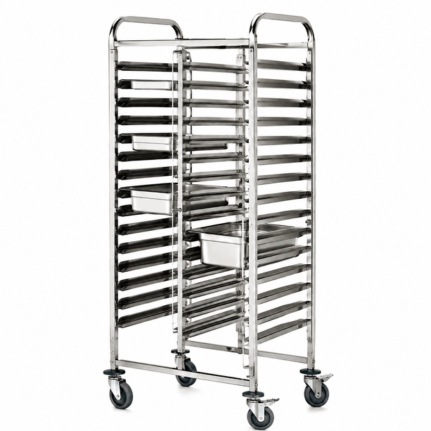 Commercial stainless steel sheet pan rack trolley with square tube frame and custom tray spacing for bakery kitchens