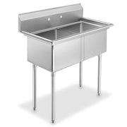 Stainless steel commercial sink with two basins, back splash, and legs for industrial kitchen use