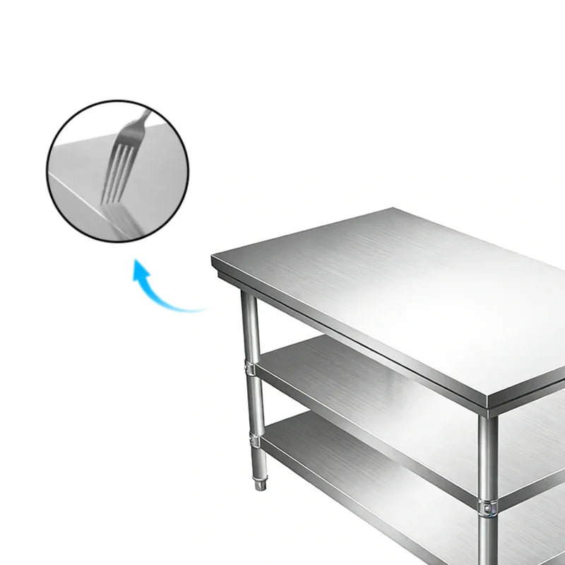 Stainless steel commercial worktable with smooth surface and dual shelves for kitchen use