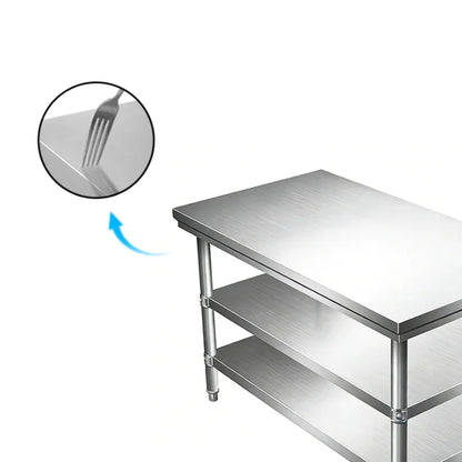 Stainless steel commercial worktable with smooth surface and dual shelves for kitchen use