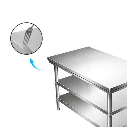 Stainless steel commercial worktable with smooth surface and dual shelves for kitchen use